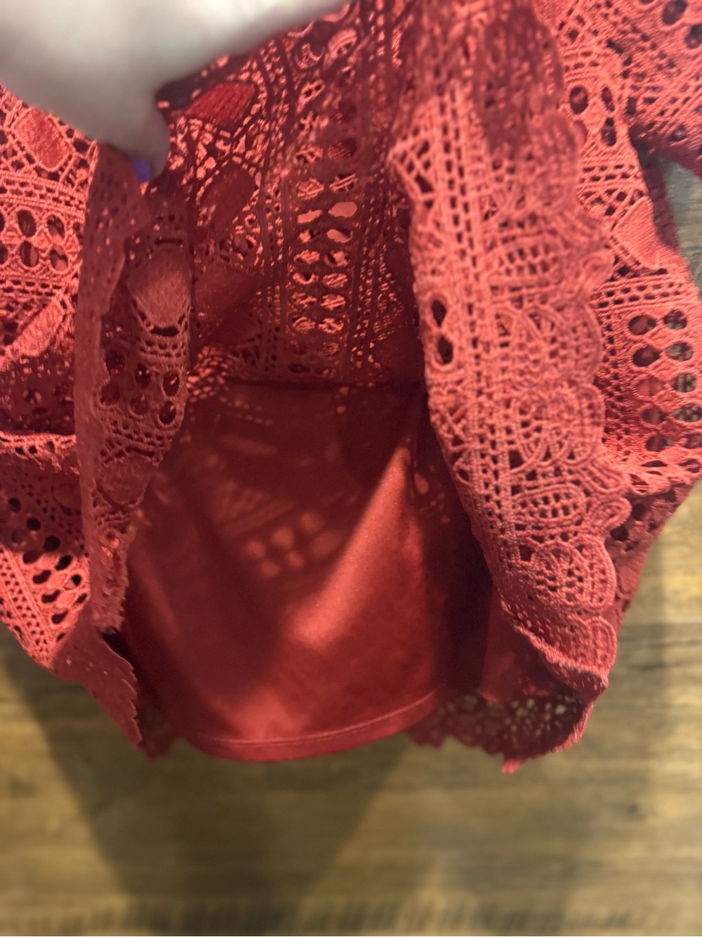 Sunday in Brooklyn Anthro Evie Off Shoulder Crochet Lace Dark Rust Top - Picture 8 of 10